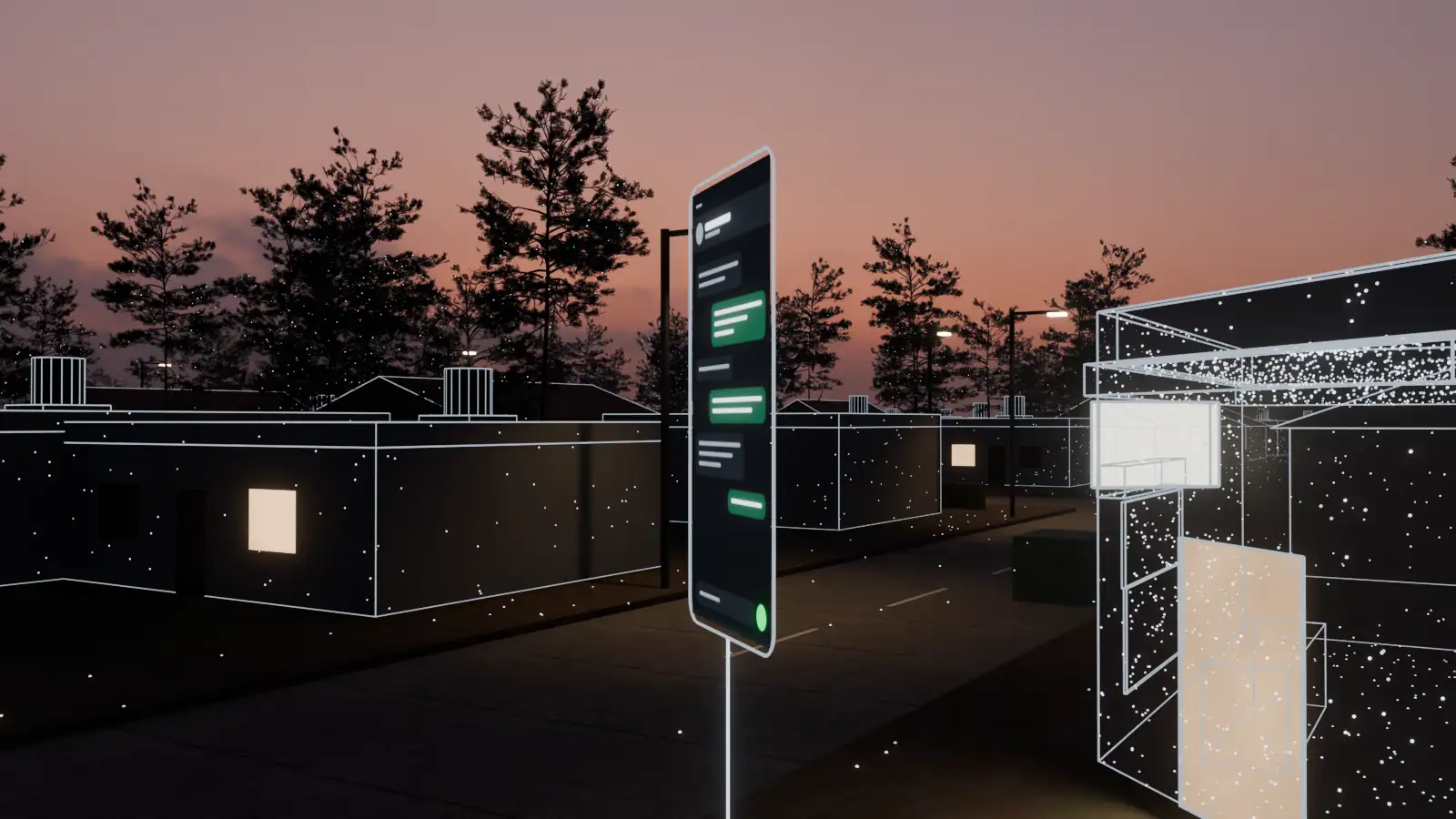 Ilustración 3D del barrio: el celular del almacén flota en la calle y muestra una charla de WhatsApp.