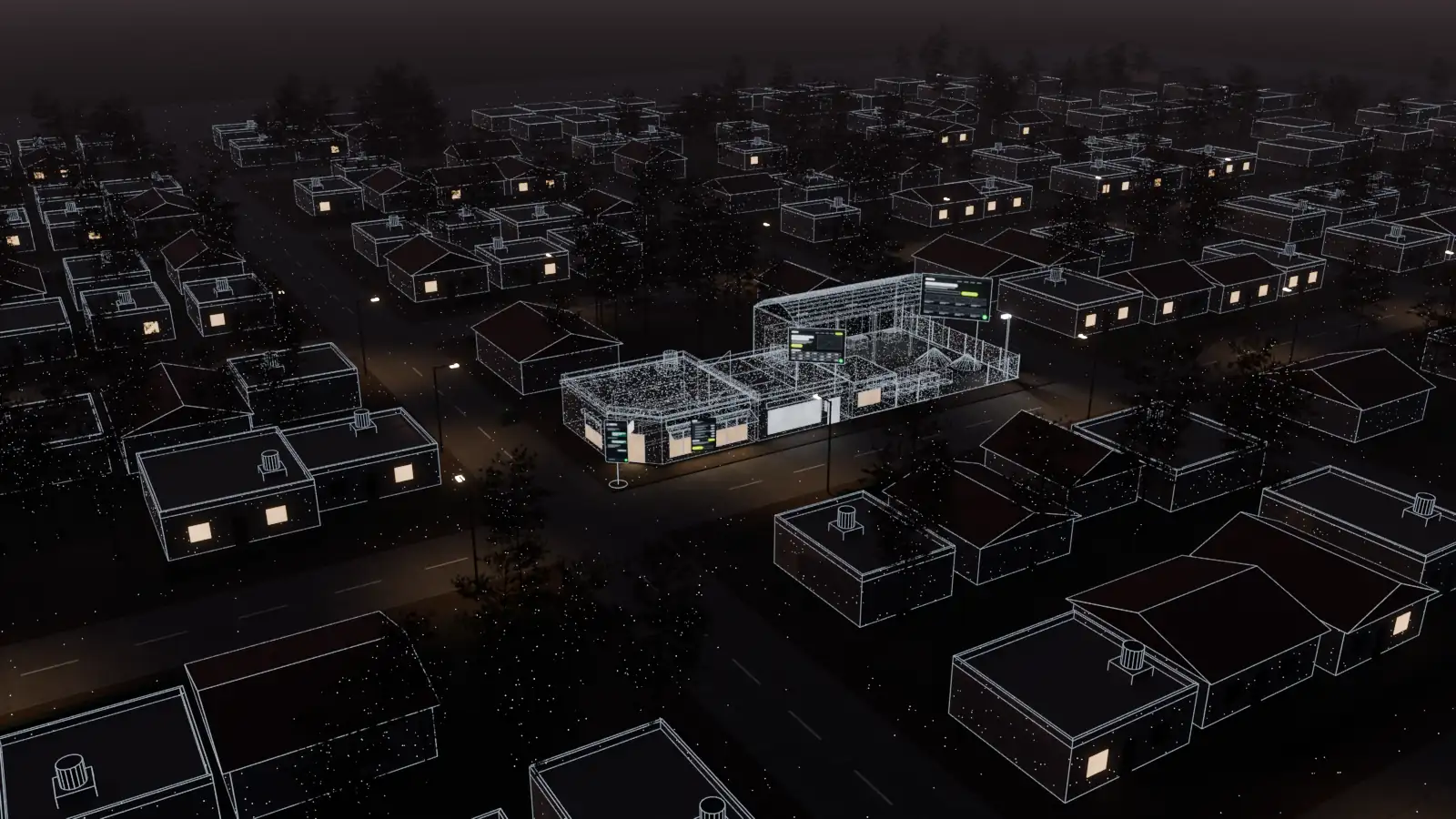 Ilustración 3D del barrio visto desde arriba en la hora azul, con los comercios y sus sitios encendidos.