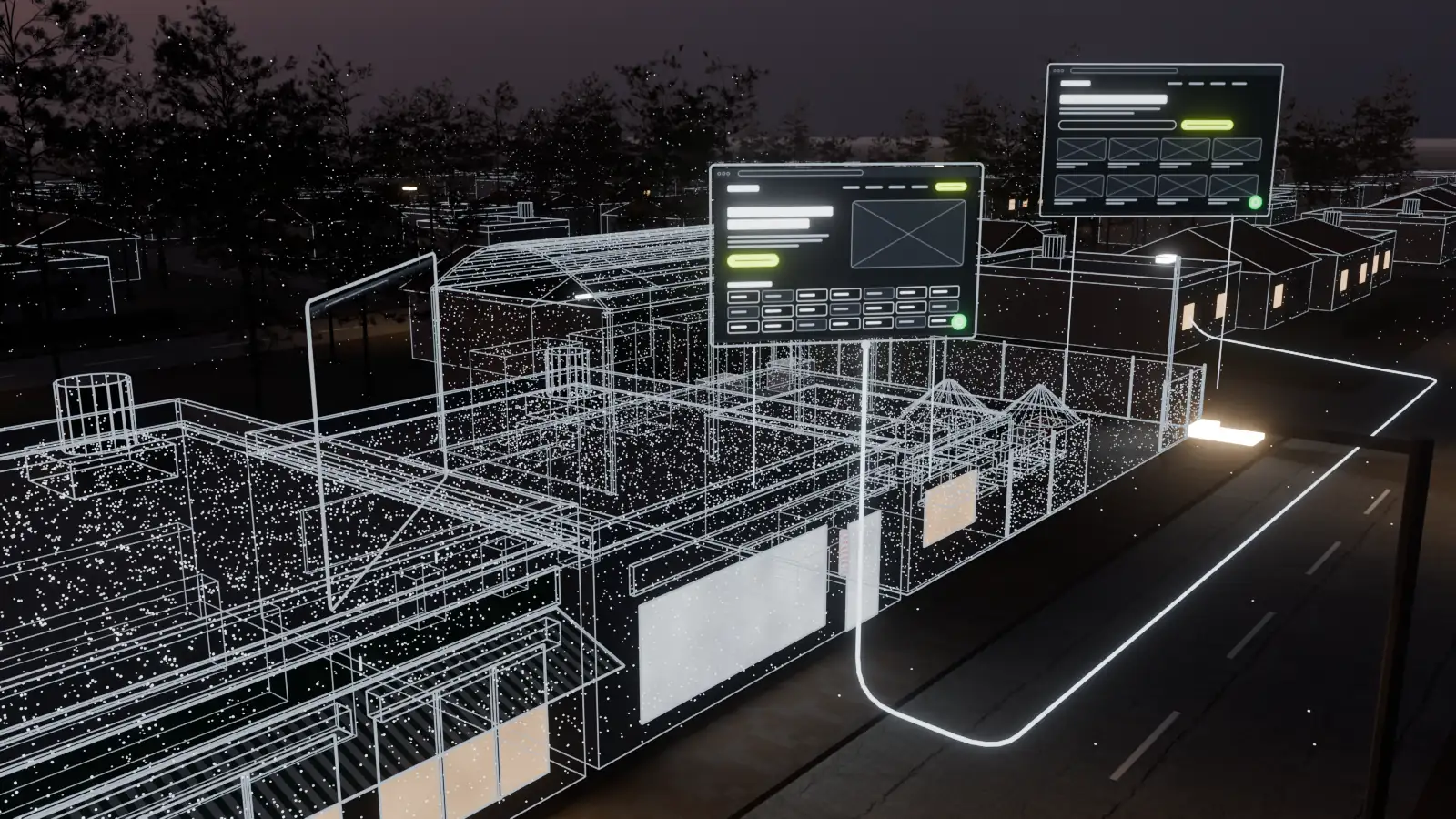Ilustración 3D del barrio de noche: un hilo de luz sale de una casa con la ventana prendida, recorre la calle y llega a la pantalla flotante de la peluquería.