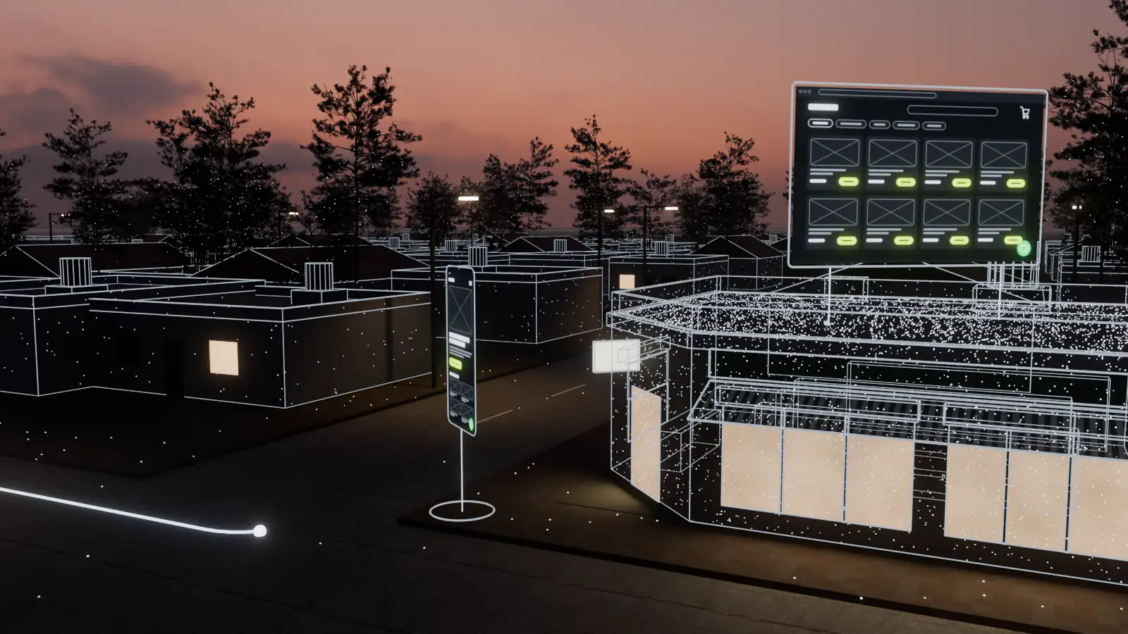Ilustración 3D del almacén de la esquina con una pantalla flotante de tienda online: una grilla de productos y un carrito. Por la calle viaja un pedido hecho de líneas de luz.