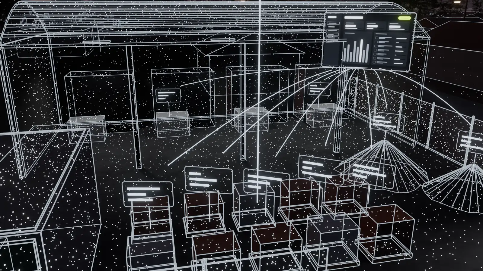 Ilustración 3D del patio de la barraca: sobre cada pila de materiales flota una etiqueta con barras de stock, unidas por haces de luz a un tablero.