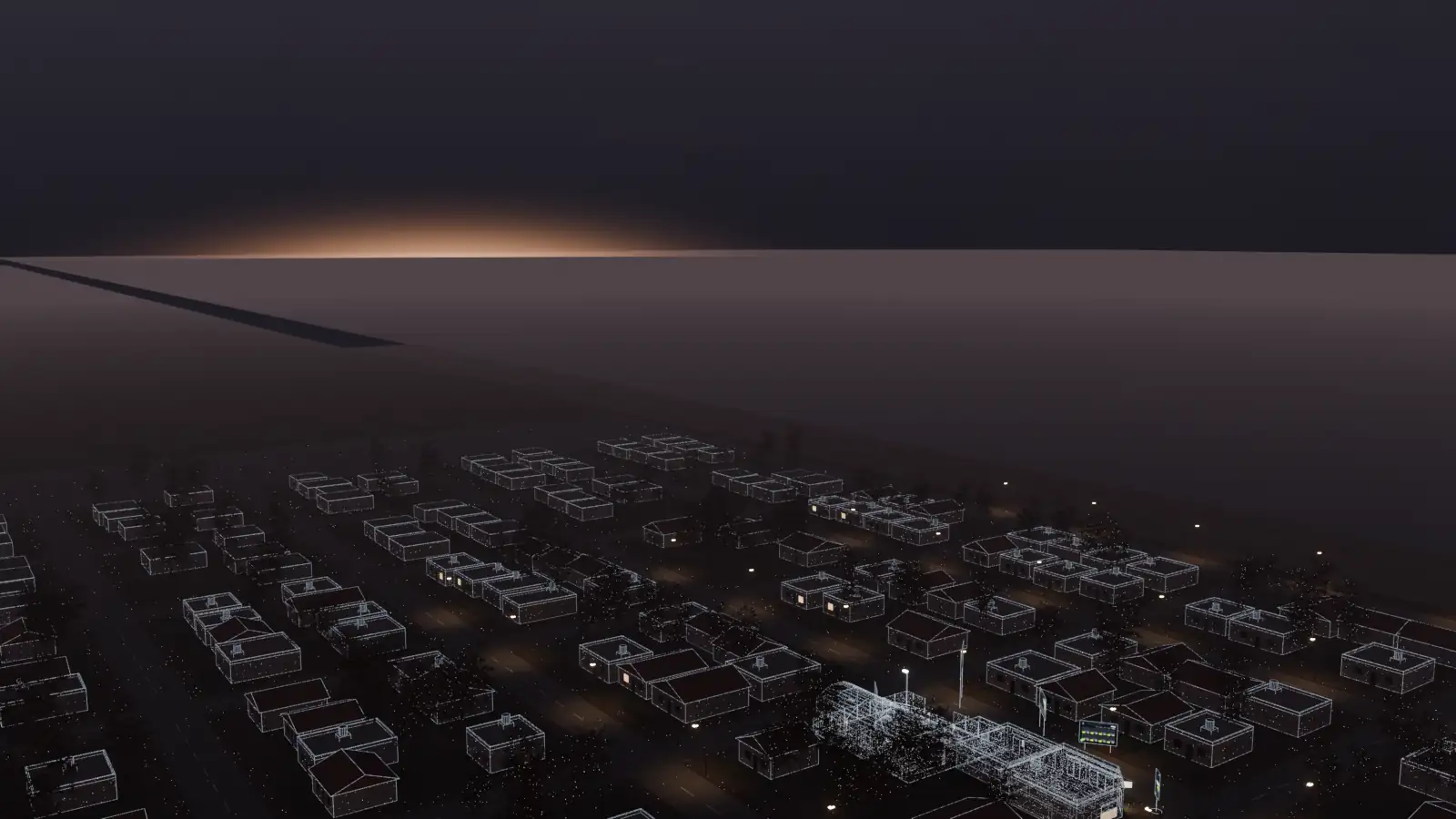 Ilustración 3D del barrio visto desde arriba de madrugada: las ventanas de las casas se apagan, las pantallas de los comercios siguen prendidas y asoma la claridad sobre el mar.